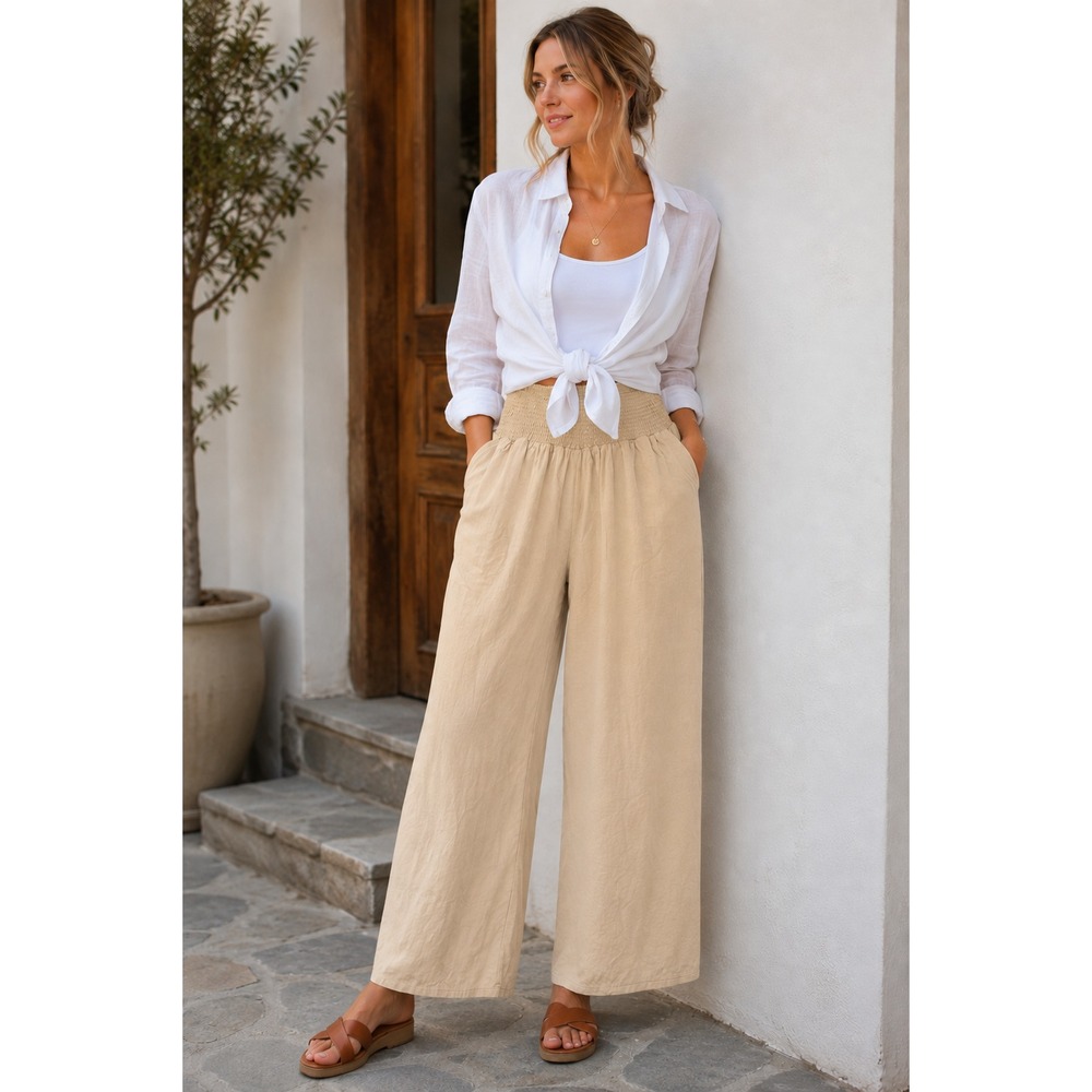 Womens Wide Leg Pants Size Large Smocked High Waist Pull On Pockets Resort BOHO